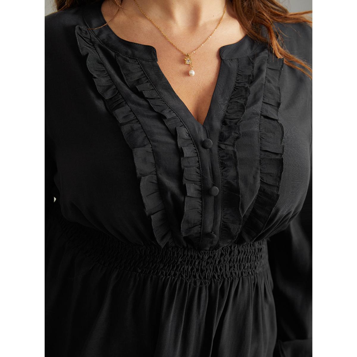 Plus Size Black Solid Frill Trim Shirred Flutter Hem Blouse Women Elegant Long Sleeve Notched collar Dailywear Blouses BloomChic 12/L Product Image