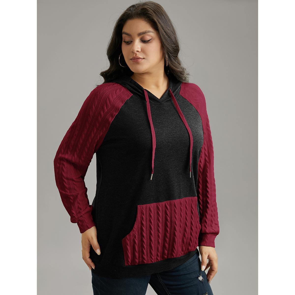 Plus Size Contrast Cable Knit Pocket Hooded Drawstring Sweatshirt Women Black Casual Texture Hooded Everyday Sweatshirts BloomChic 30/6X Product Image