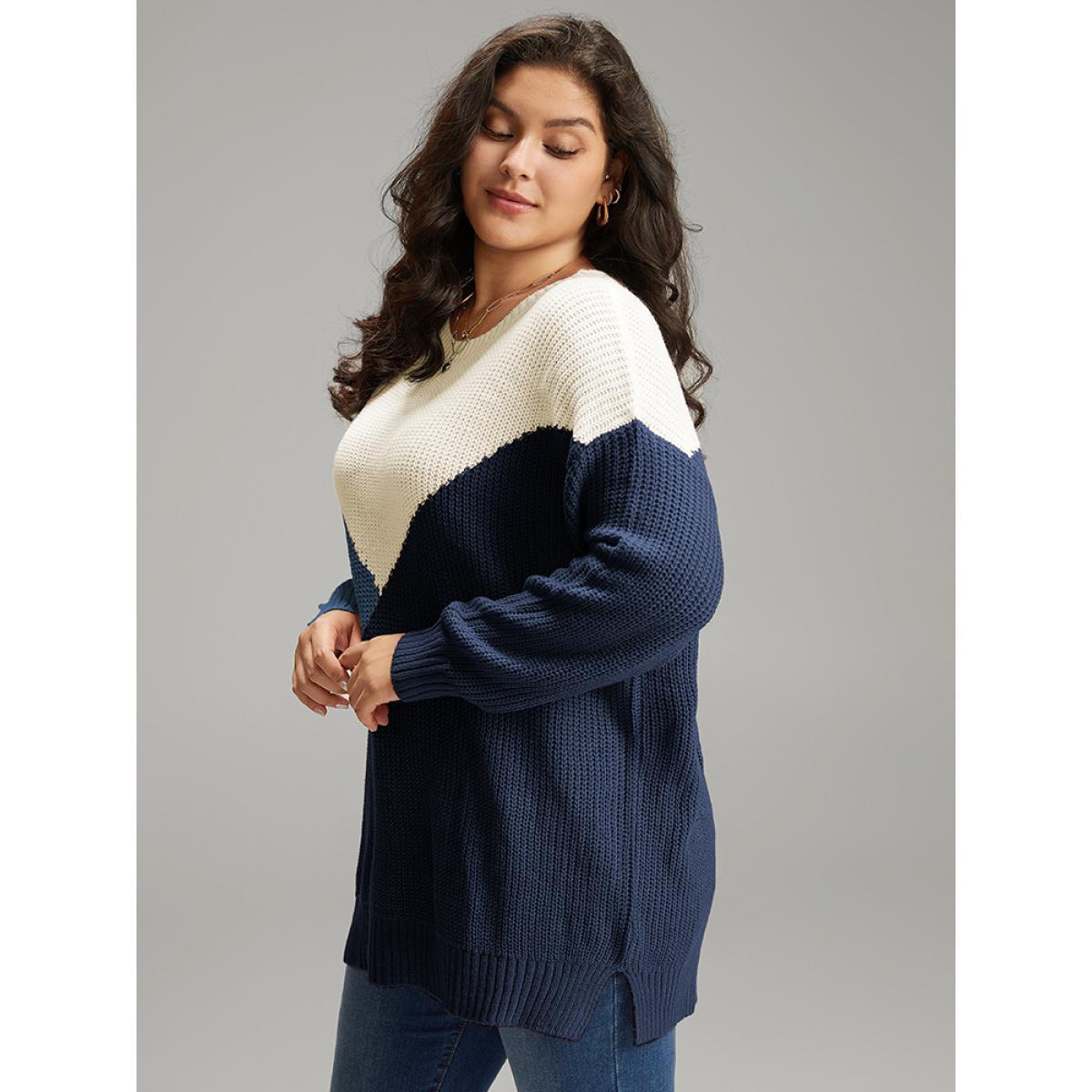 Plus Size Colorblock Split Side Drop Shoulder Pullover DarkBlue Women Casual Loose Long Sleeve Round Neck Dailywear Pullovers BloomChic 18-20/2X Product Image