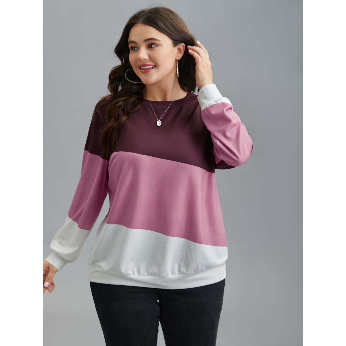 Plus Size Color Block Round Neck Sweatshirt Women Multicolor Casual Contrast V-neck Everyday Sweatshirts BloomChic 14-16/1X Product Image