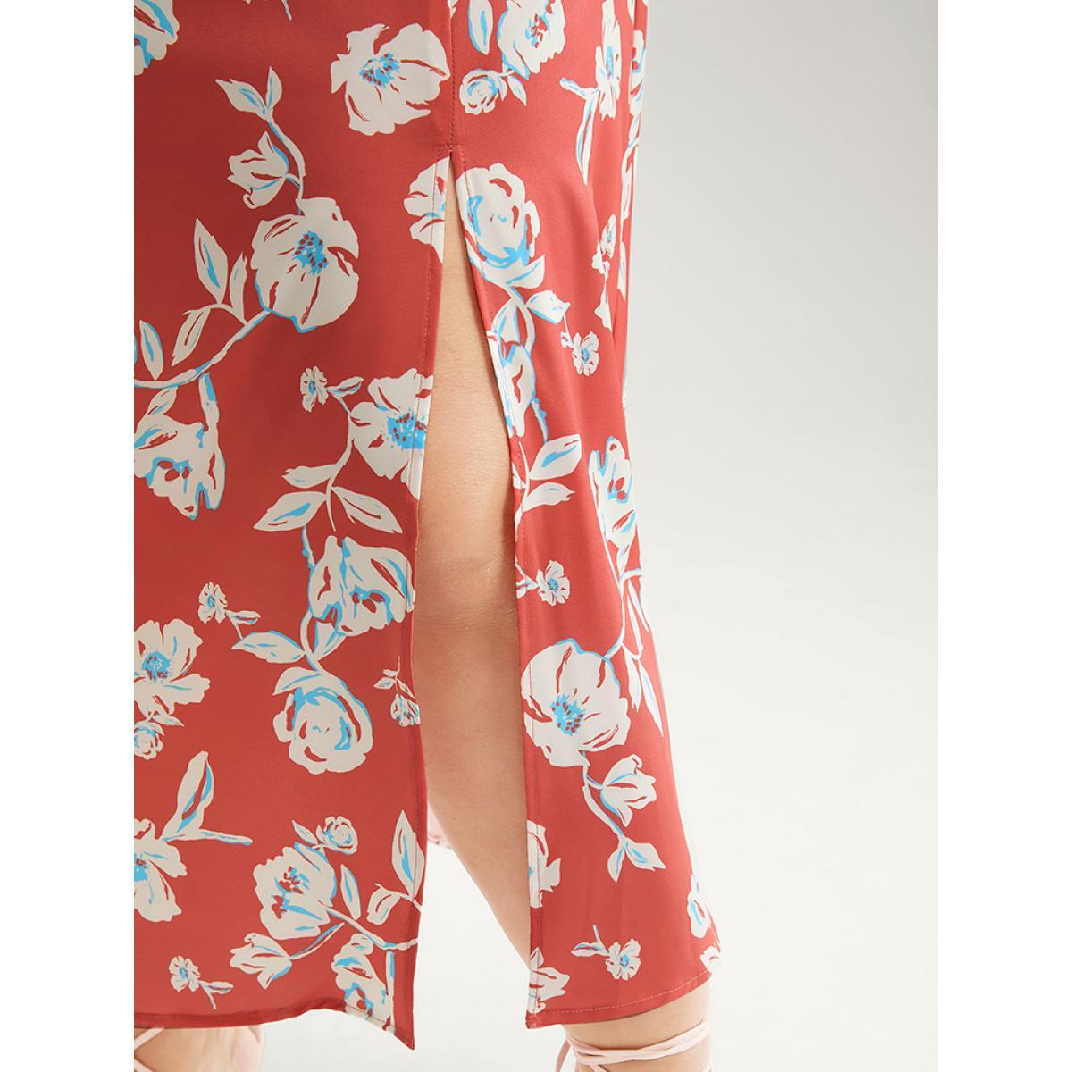 Plus Size Floral Printed Ruffle Trim Pocket V Neck Split Hem Dress Coral Women Elegant Elastic Waist V-neck Sleeveless Curvy Midi Dress BloomChic 10/M Product Image