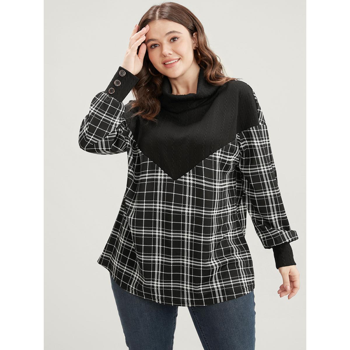 Plus Size Plaid Patchwork Button Detail Funnel Neck Sweatshirt Women Black Elegant Contrast Turtleneck Dailywear Sweatshirts BloomChic 26/4X Product Image