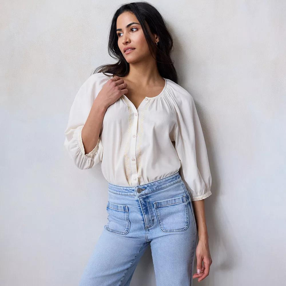 Women's LC Lauren Conrad Raglan Sleeve Button Front Top, Size: Small, Ivory Silk Product Image