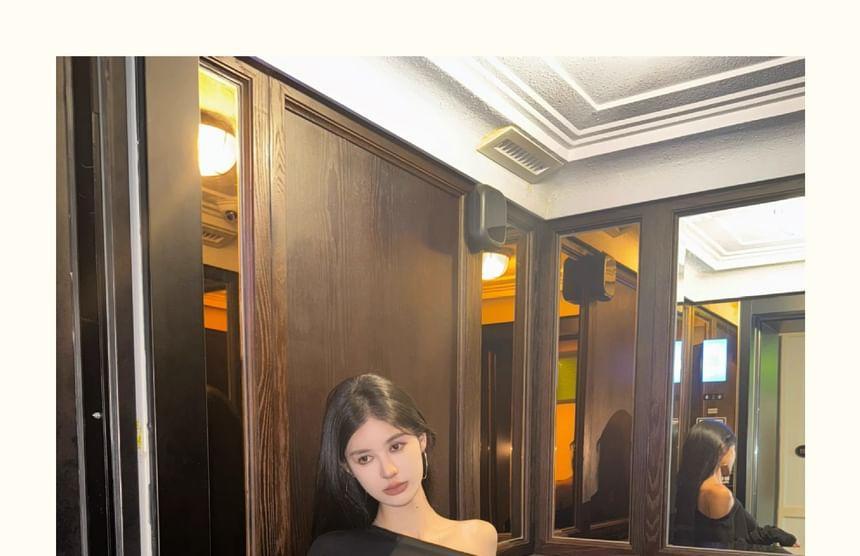 Long Sleeve Cold-Shoulder Lettering Rhinestone Mini Bodycon Dress Product Image