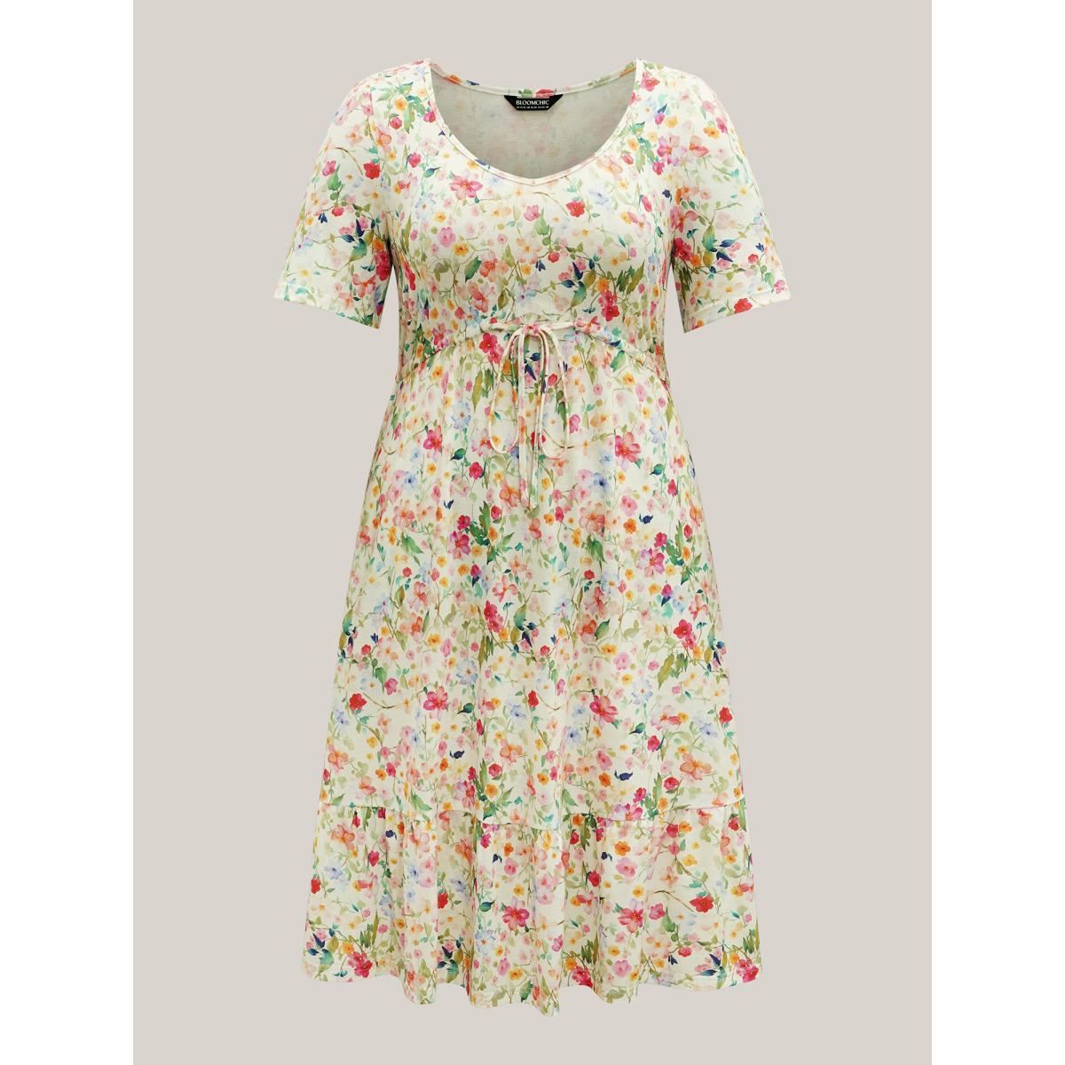 Plus Size Ditsy Floral Print Waist Tie Midi Dress Multicolor Women V-neck Short sleeve Curvy BloomChic 18-20/2X Product Image