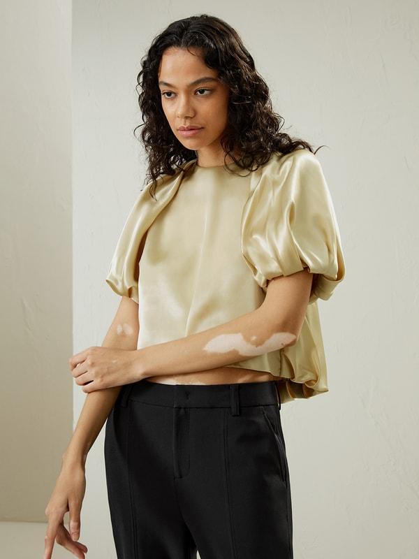 Puff Short Sleeve Watershine Silk Top Product Image
