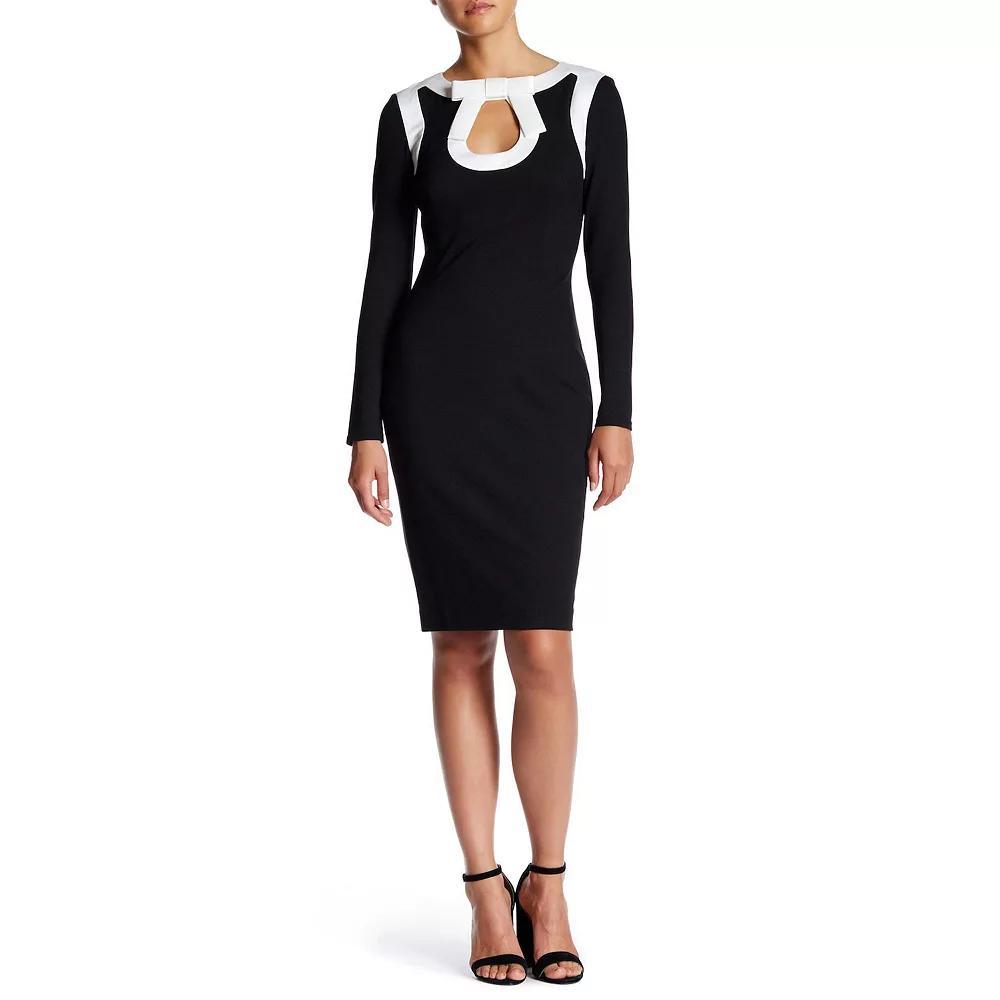 Women's Focus By Shani Bow Keyhole Long Sleeve Knit Dress, Size: 14, Black Ivory Product Image