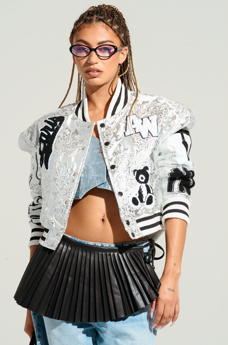 REELA SILVER BROCADE BOMBER JACKET IN SILVER Product Image