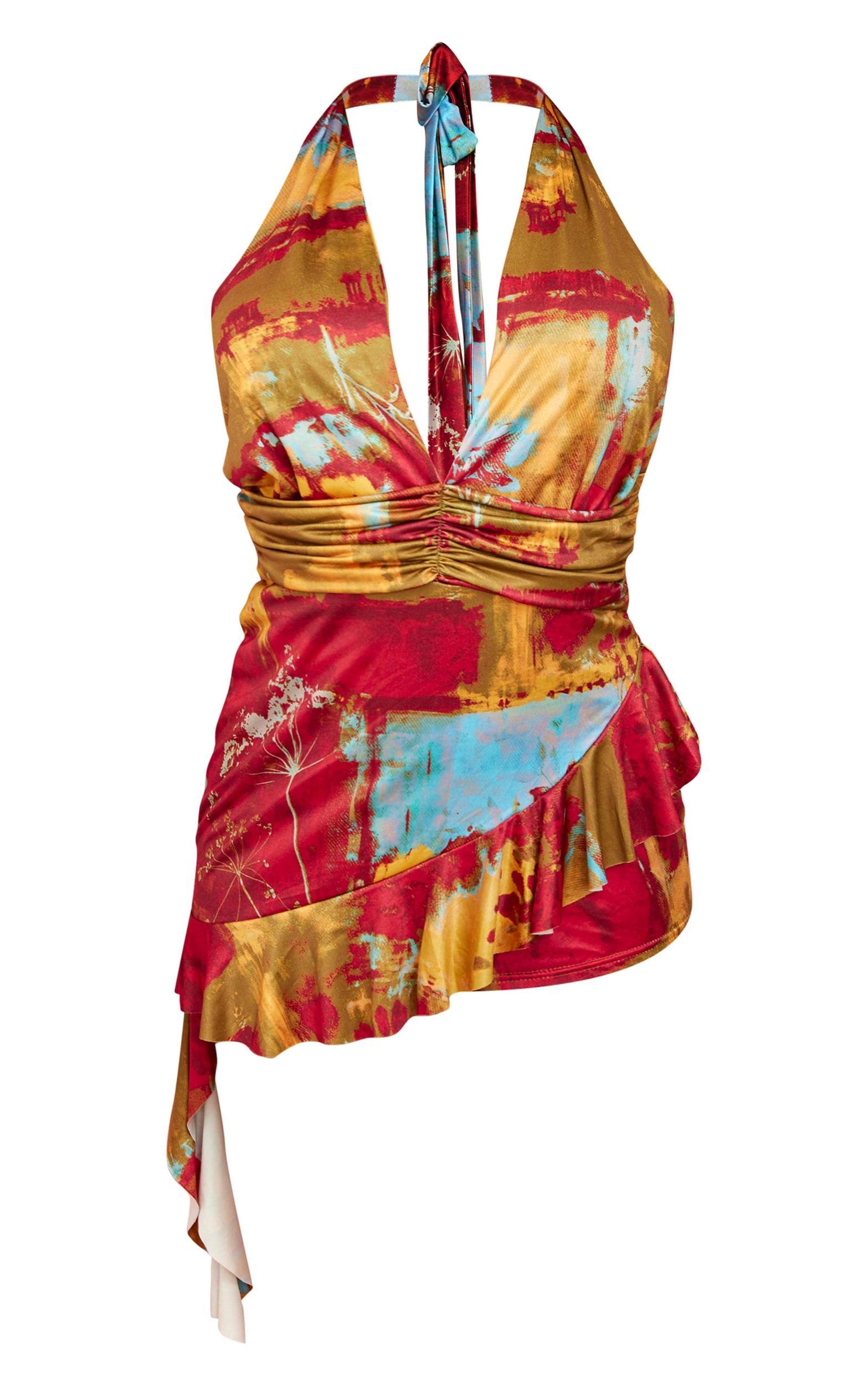 Multi Print Slinky Halterneck Drape Skort Romper Product Image