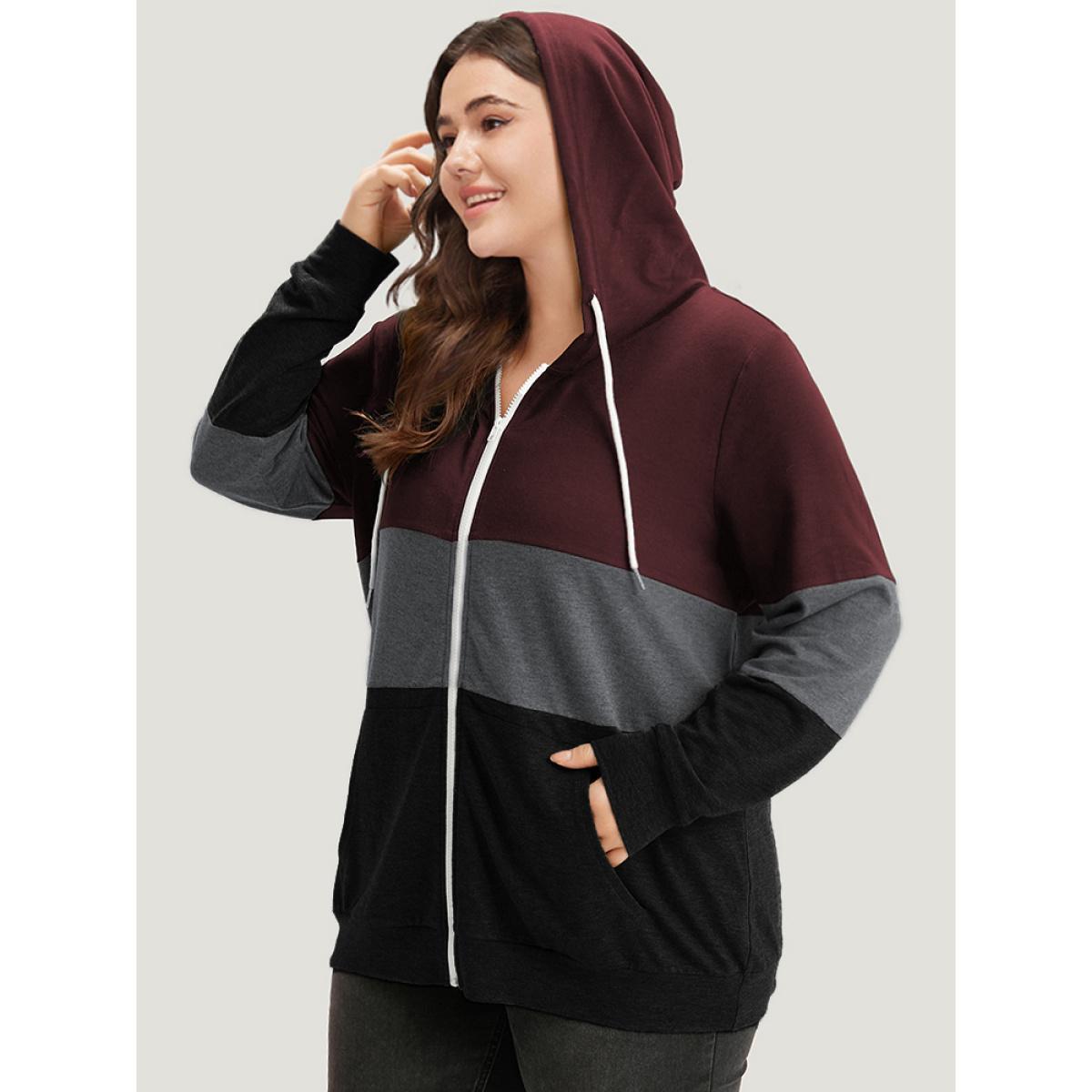 Plus Size Colorblock Contrast Drawstring Zipper Hooded Sweatshirt Women Burgundy Casual Contrast Hooded Everyday Sweatshirts BloomChic 10/M Product Image
