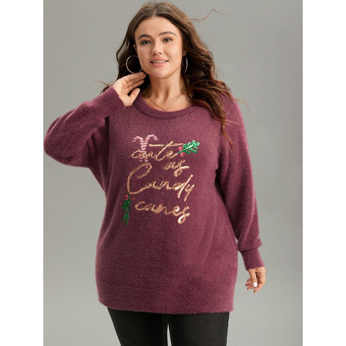 Plus Size Christmas Sequin Embroidered Fluffy Pullover Burgundy Women Casual Loose Long Sleeve Round Neck Festival-Christmas Pullovers BloomChic 28/5X Product Image