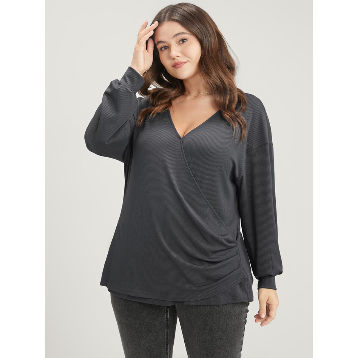 Plus Size Solid Wrap Rib Knit Sweatshirt Women DimGray Elegant Wrap Loose V-neck Dailywear Sweatshirts BloomChic 26/4X Product Image