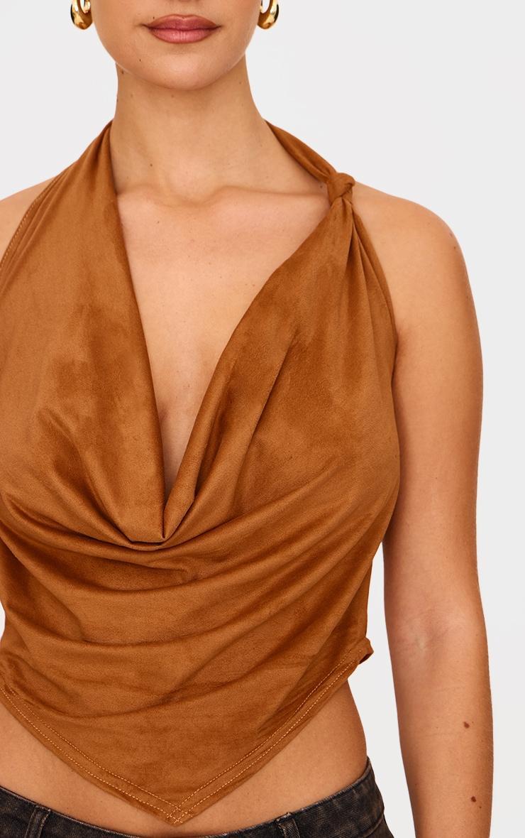 Tan Faux Suede Cowl Neck Knot Detail Long Top Product Image