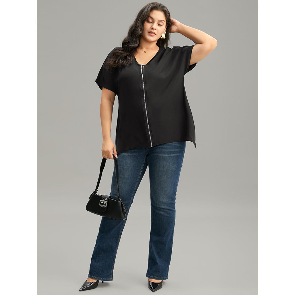 Plus Size Black Plain Zipper Curved Hem Blouse Women Office Short sleeve V-neck Work Blouses BloomChic 18-20/2X Product Image