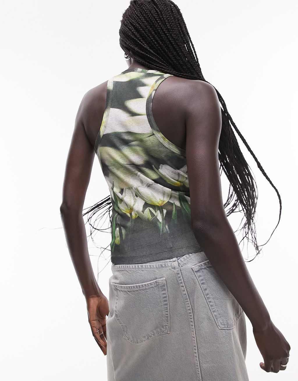 Topshop graphic blurred tulip mesh racer tank top Product Image