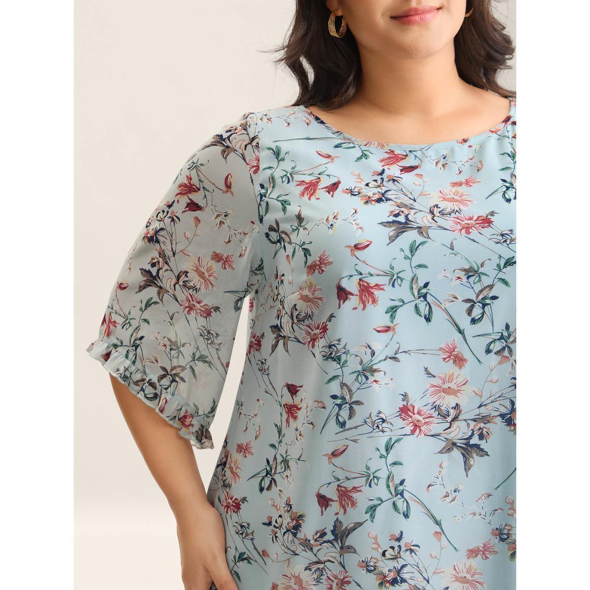 Plus Size LightBlue Chiffon Floral Print Flowy Blouse Women Elbow-length sleeve Boat Neck Everyday-Elegant Blouses BloomChic 22-24/3X Product Image