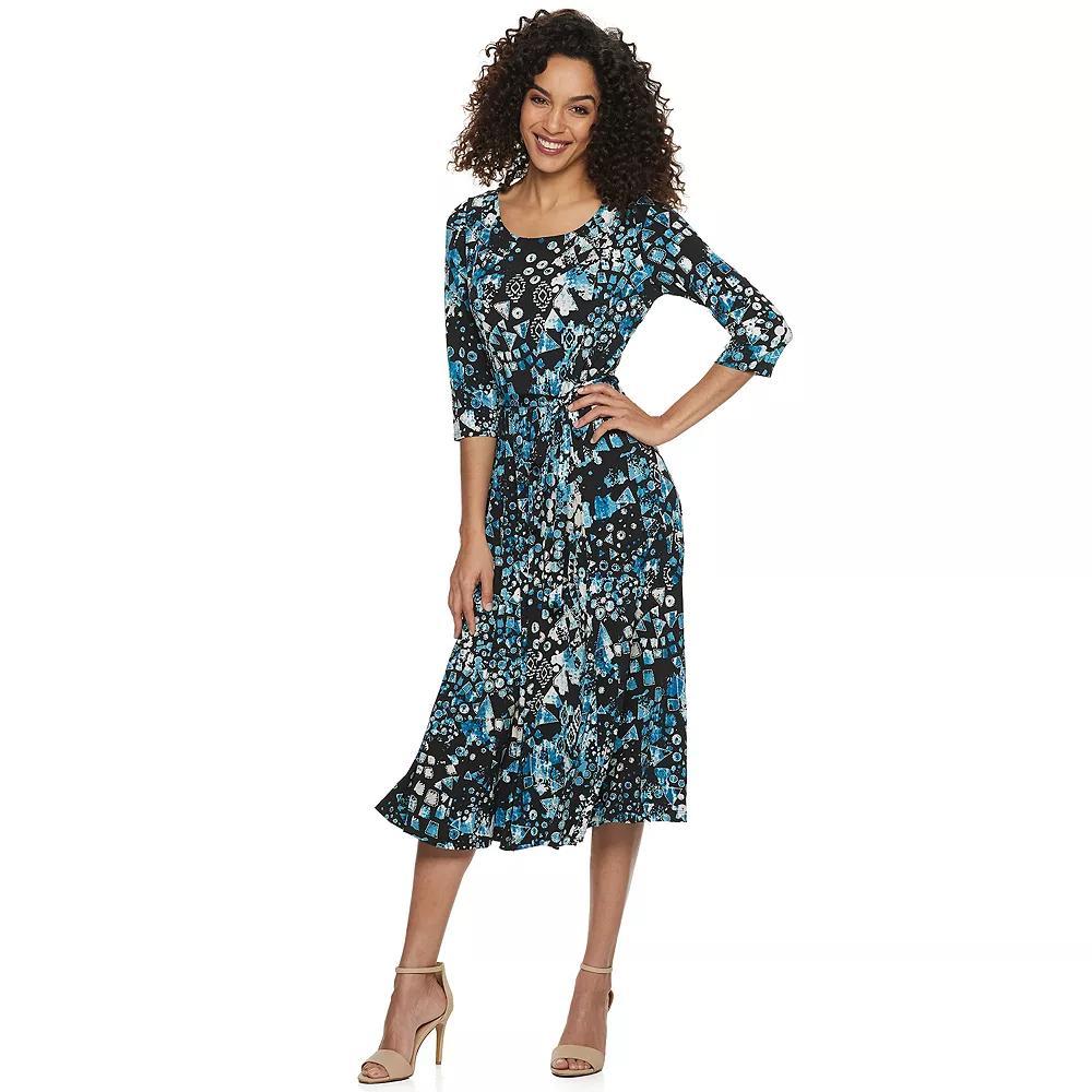 Women's Nina Leonard Belted 3/4 Sleeve Print Midi Dress, Size: Large, Black And Teal Team Product Image
