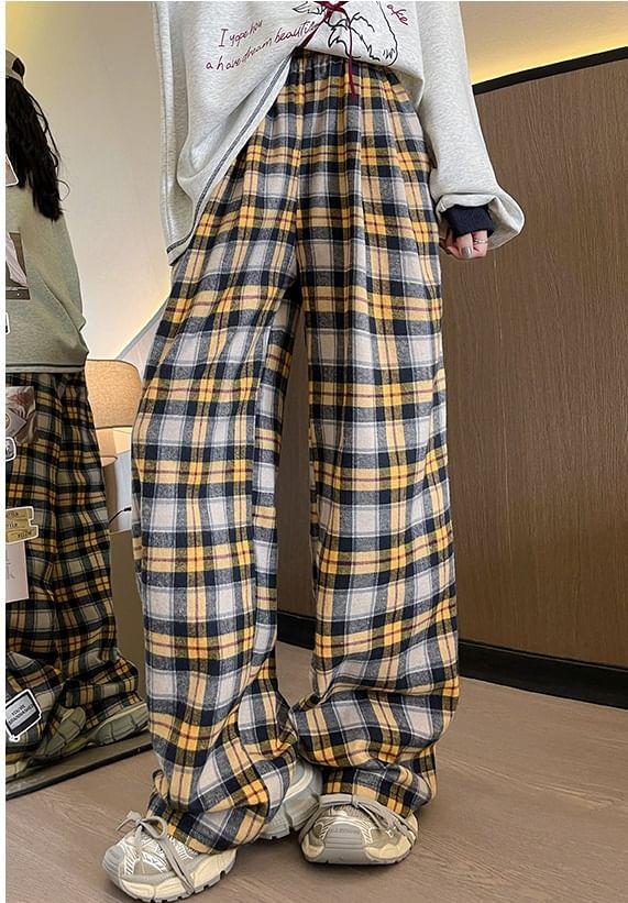 High Waist Plaid Wide Leg Pants Product Image