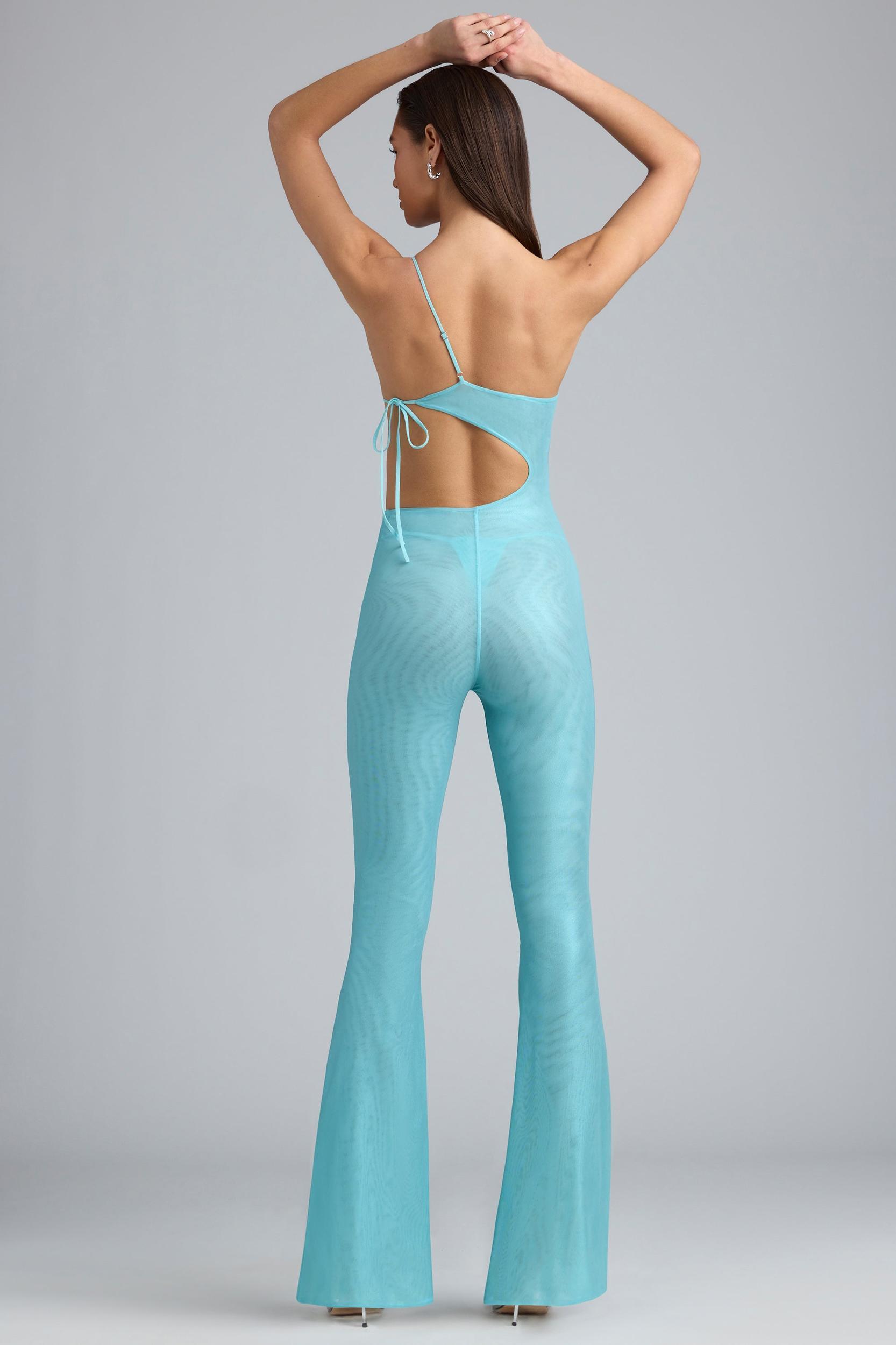 Metallic Ruched Cut-Out Flared Jumpsuit in Ice Blue Product Image