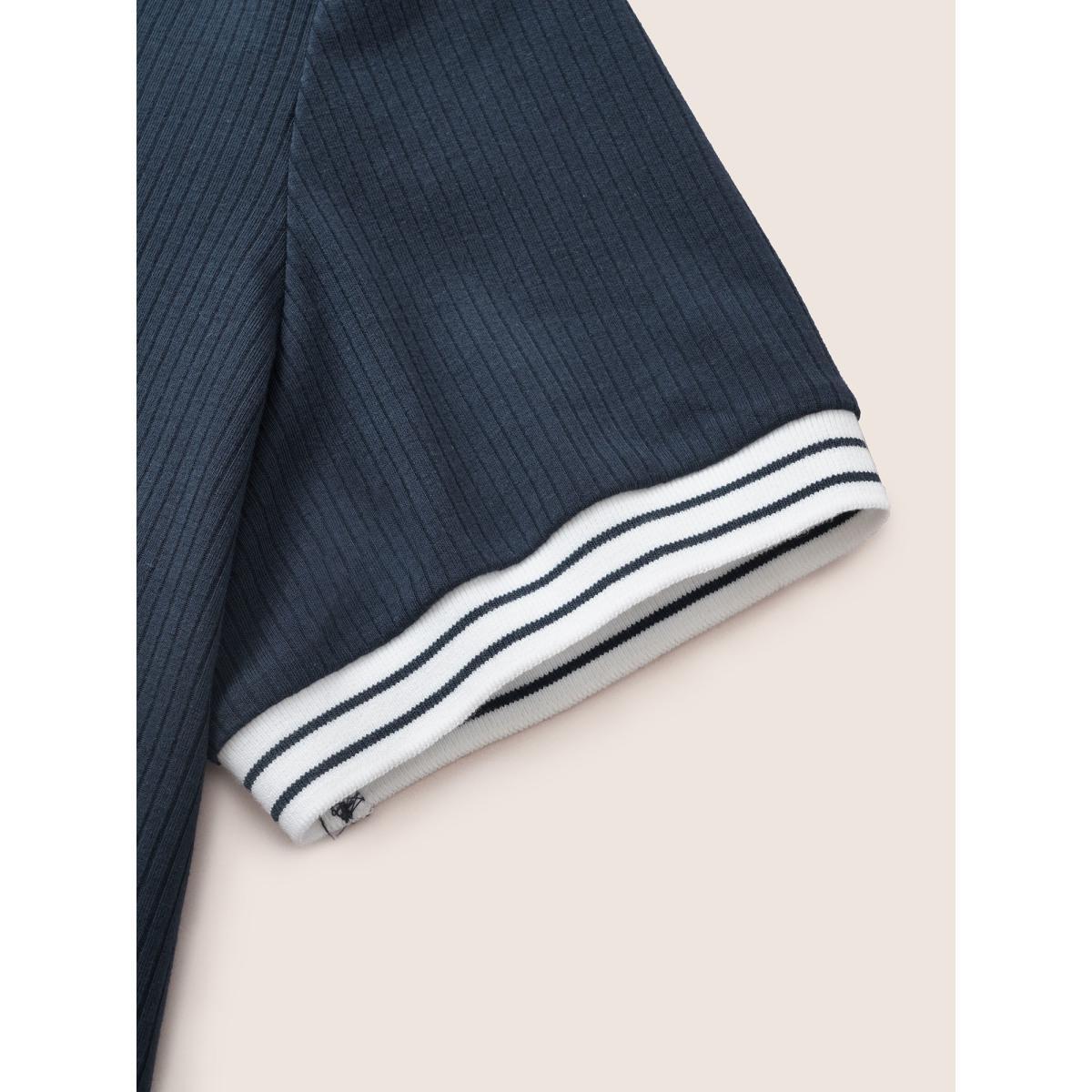 Plus Size Striped Patchwork Polo Neck Rib Knit T-shirt Indigo Women Casual Contrast Plain Polo Everyday T-shirts BloomChic 30/6X Product Image