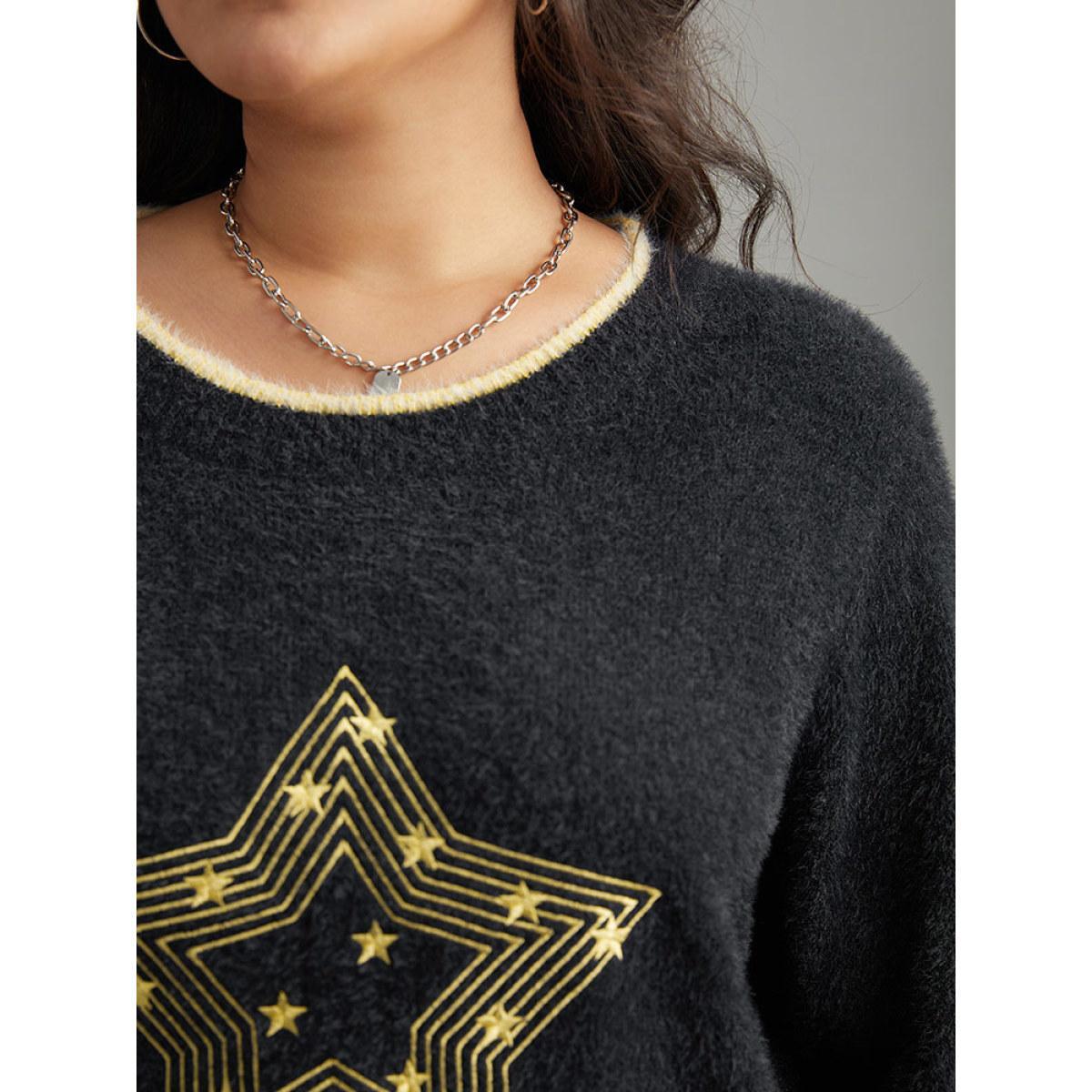 Plus Size Star Embroidered Contrast Trim Pullover Black Women Casual Loose Long Sleeve Round Neck Dailywear Pullovers BloomChic 14-16/1X Product Image