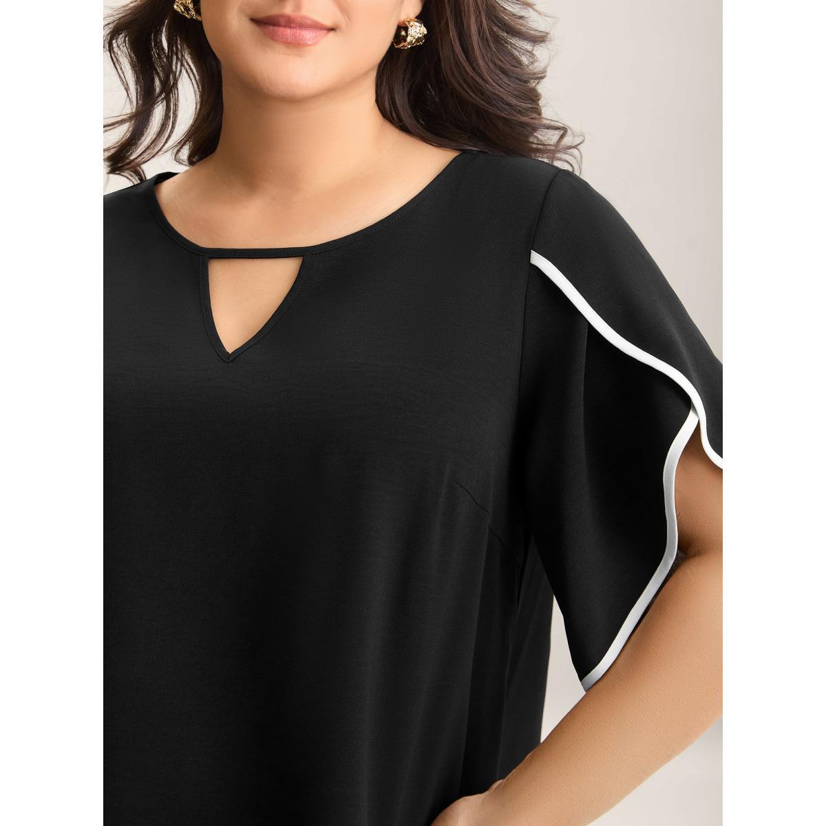 Plus Size Black Color Contrast Petal Sleeve Shirt Women Half Sleeve Round Neck Work Blouses BloomChic 28/5X Product Image