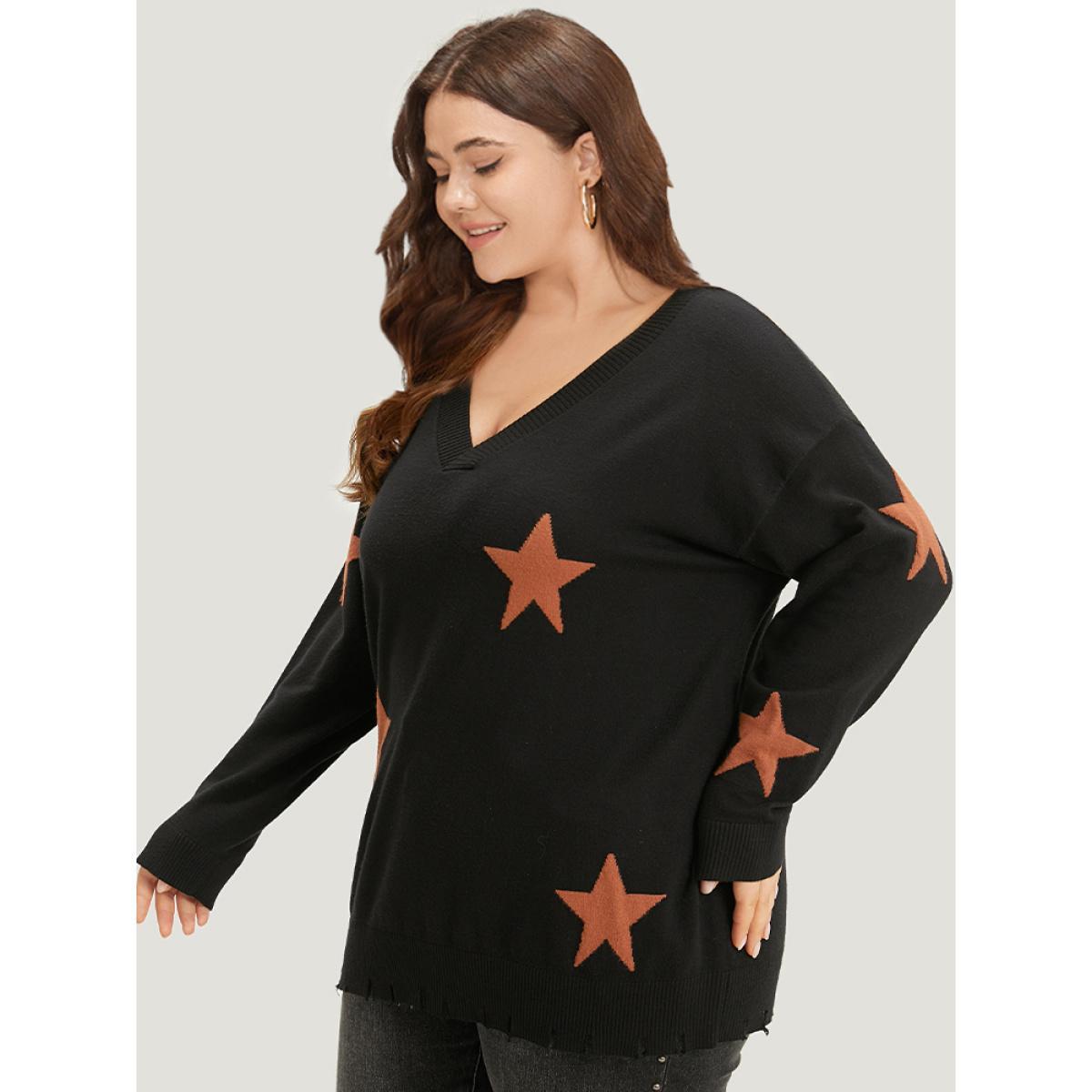 Plus Size Halloween Supersoft Essentials Star V Neck Distressed Hem Pullover Black Women Casual Loose Long Sleeve V-neck Festival-Halloween Pullovers BloomChic 18-20/2X Product Image