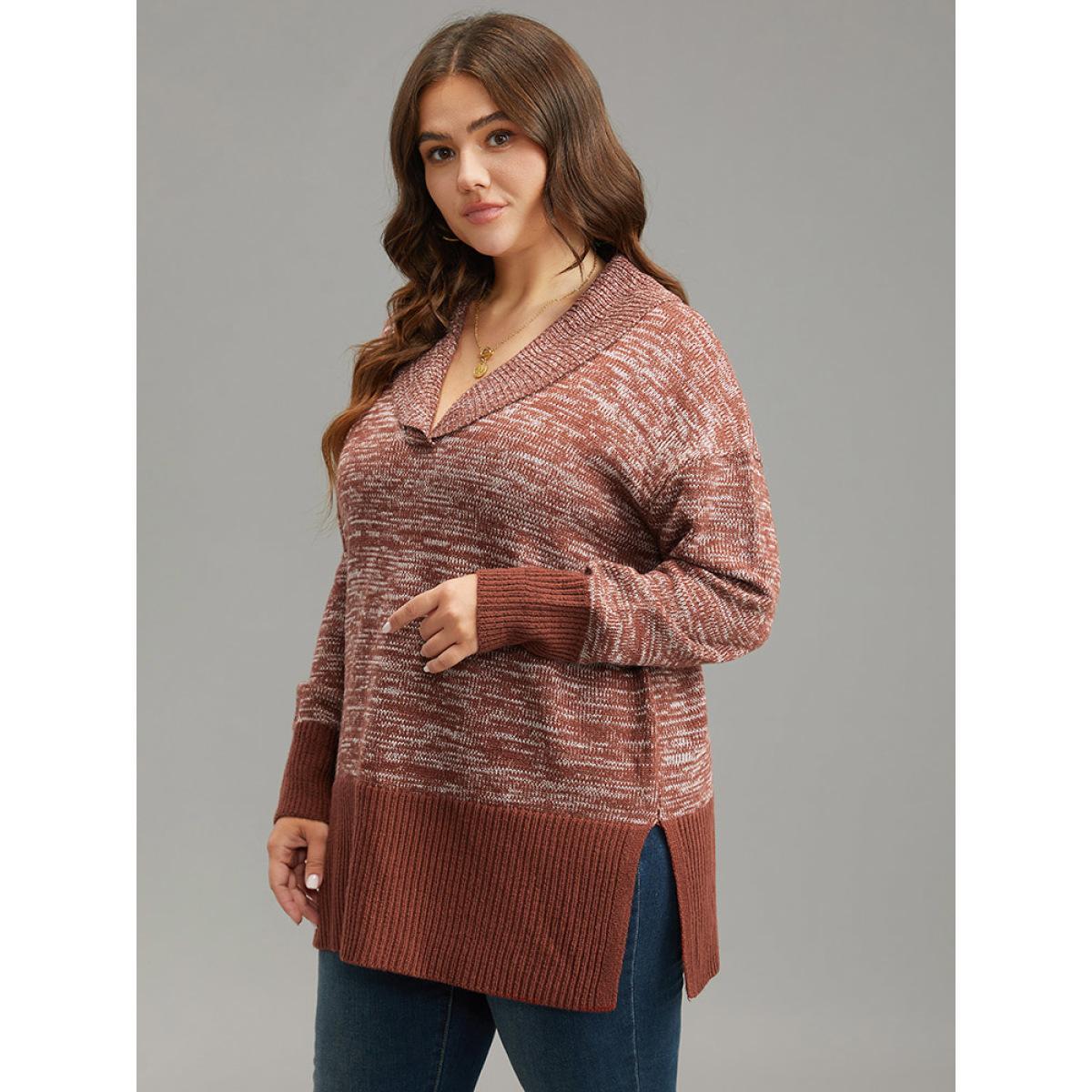 Plus Size Heather Lapel Collar Contrast Patchwork Pullover Rust Women Casual Loose Long Sleeve Lapel Collar Dailywear Pullovers BloomChic 28/5X Product Image