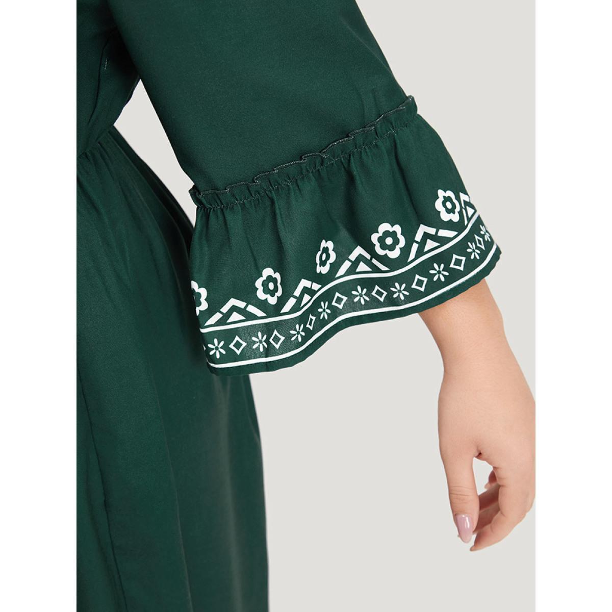 Plus Size Bandana Print Knot Neck Frill Trim Bell Sleeve Dress DarkGreen Women Vacation Cross straps Notched collar Half Sleeve Curvy Midi Dress BloomChic 30/6X Product Image