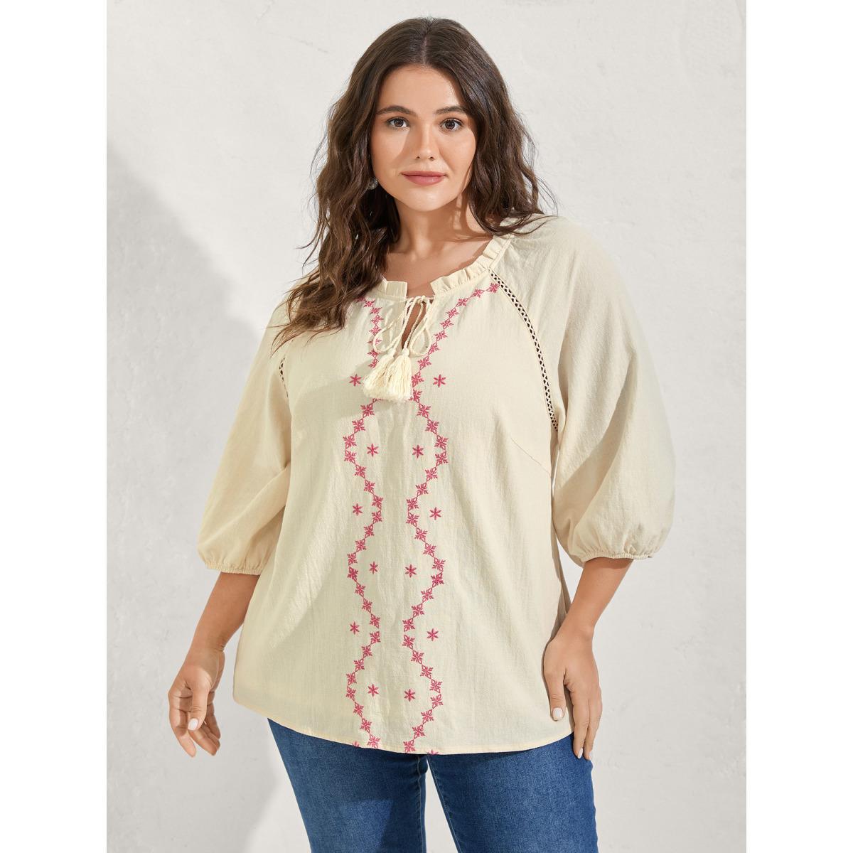 Plus Size Ivory Cotton Lace Embroidered Shirred Neck-Tie Blouse Women Elbow-length sleeve Flat collar with V-notch Vacation Blouses BloomChic 12/L Product Image
