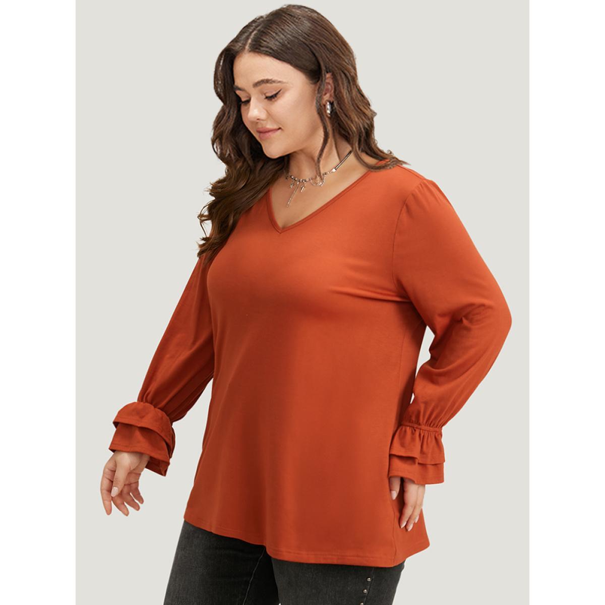 Plus Size Halloween Solid V Neck Layered Sleeve T-shirt Rust Women Elegant Plain Plain V-neck Festival-Halloween T-shirts BloomChic 18-20/2X Product Image