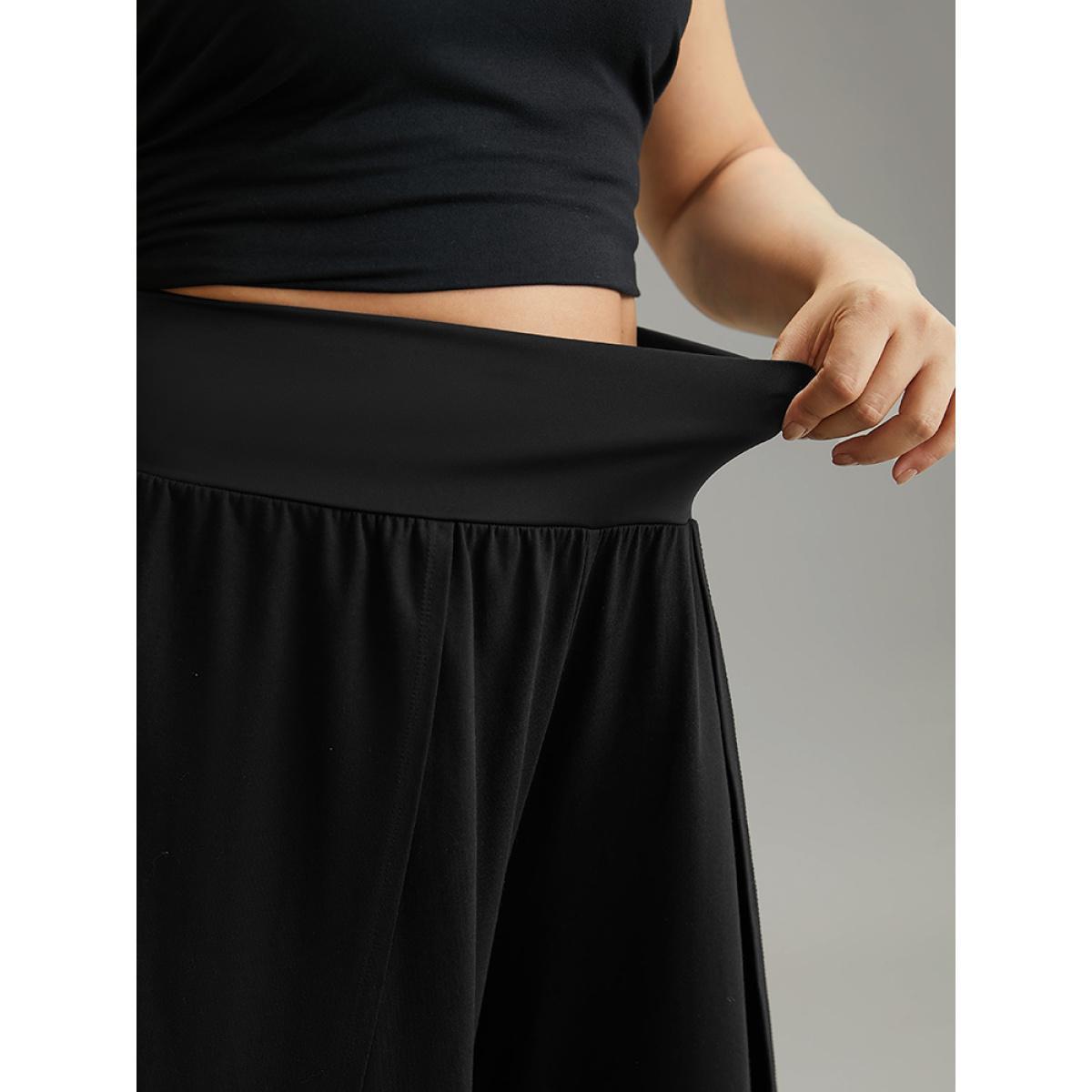Plus Size Plain Wrap Hem Wideband Waist Wide Leg Pants Women Black Casual Wide Leg High Rise Dailywear Pants BloomChic 22-24/3X Product Image