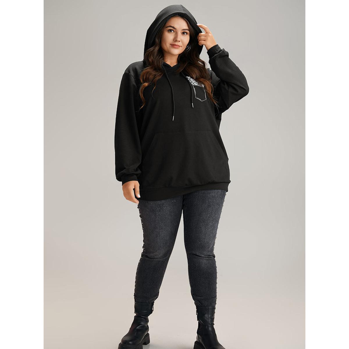 Plus Size Floral Print Pocket Hooded Drawstring Sweatshirt Women Black Casual Elastic cuffs Dailywear Sweatshirts BloomChic 18-20/2X Product Image