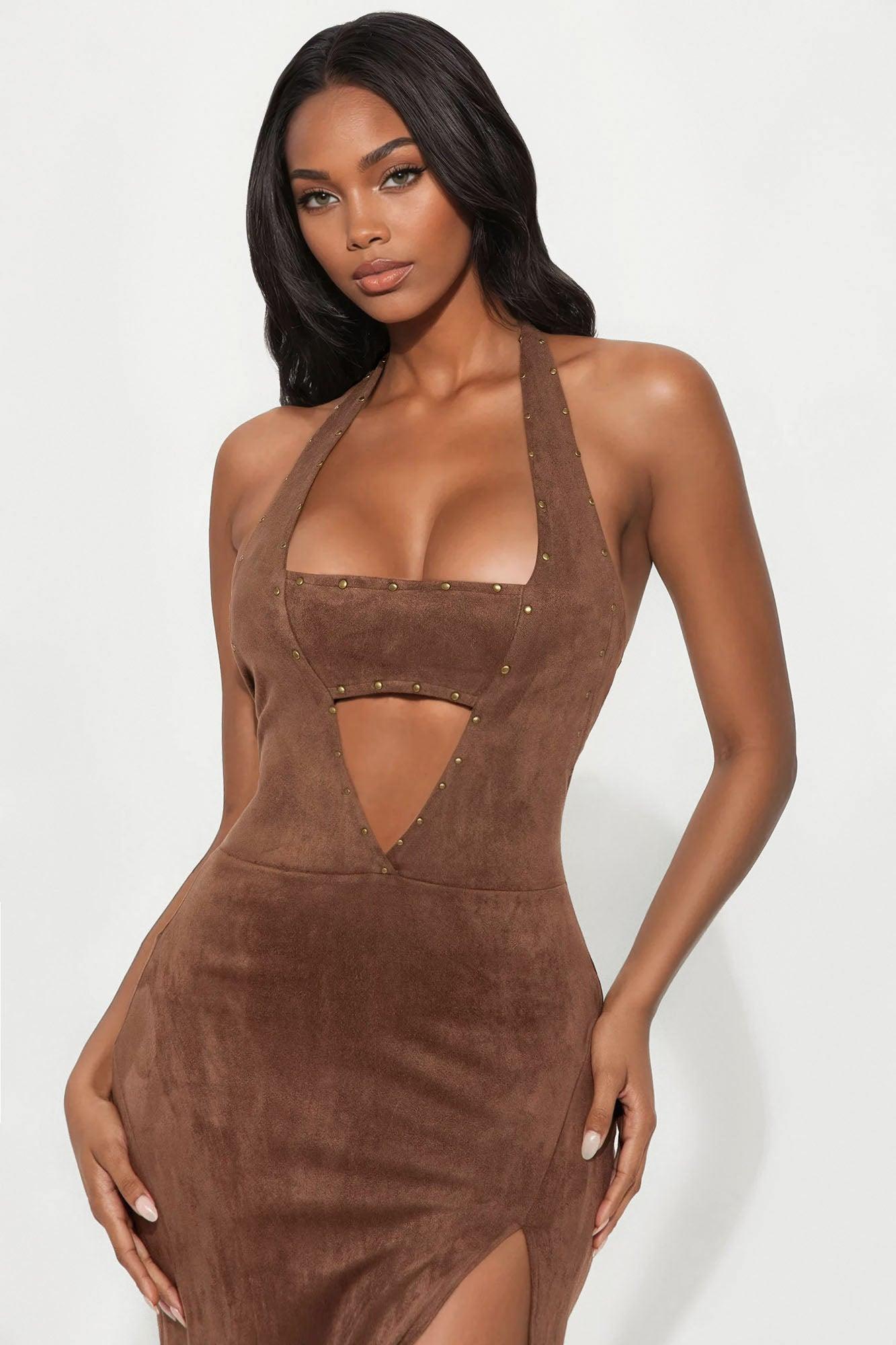 Dreamer Faux Suede Maxi Dress  - Brown Product Image
