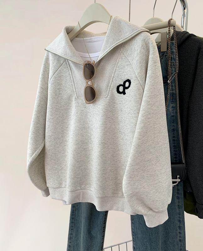 Long Sleeve Half-Zip Embroidered Plain Loose-Fit Pullover Product Image