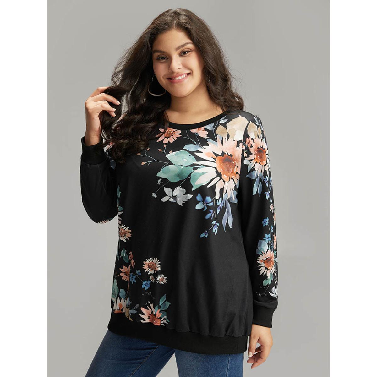 Plus Size Floral Print Round Neck Sweatshirt Women Black Casual Elastic cuffs Round Neck Dailywear Sweatshirts BloomChic 28/5X Product Image