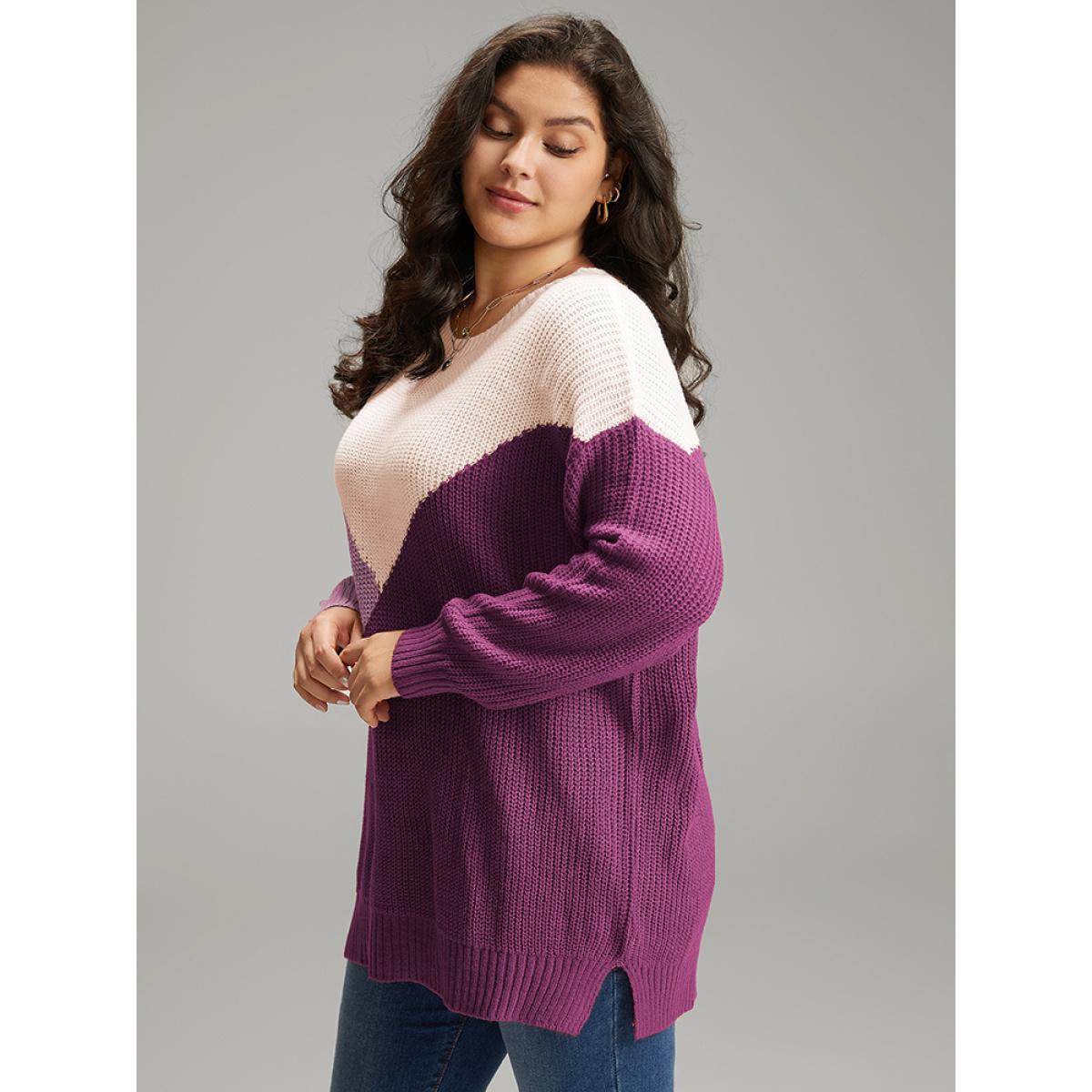 Plus Size Colorblock Split Side Drop Shoulder Pullover RedViolet Women Casual Loose Long Sleeve Round Neck Dailywear Pullovers BloomChic 30/6X Product Image