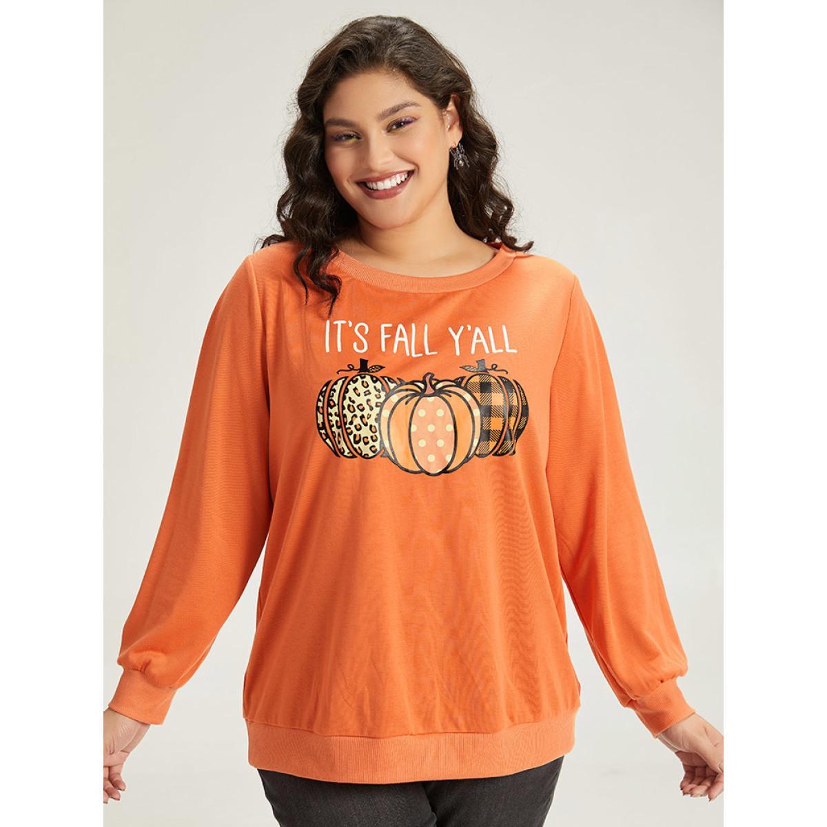 Plus Size Halloween Pumpkin Crew Neck Elastic Cuffs Sweatshirt Women Coral Casual Elastic cuffs Festival-Halloween Sweatshirts BloomChic 18-20/2X Product Image