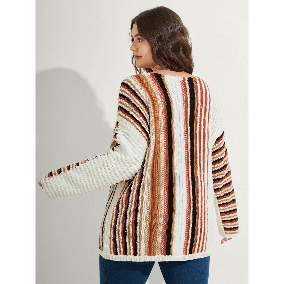 Plus Size Earthy Stripes Drop Shoulder Lightweight Pullover Ivory Women Resort Loose Long Sleeve Boat Neck Vacation Pullovers BloomChic 28/5X Product Image