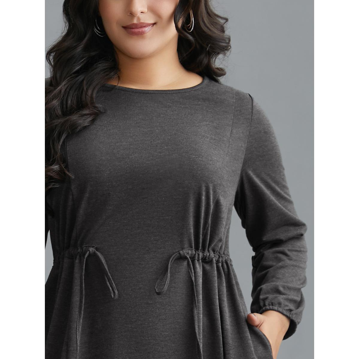 Plus Size Elastic Waist Tie Round Neck Knit Midi Dress DarkGray Women Casual Drawstring Knit Dresses Bloomchic 18-20/2X Product Image