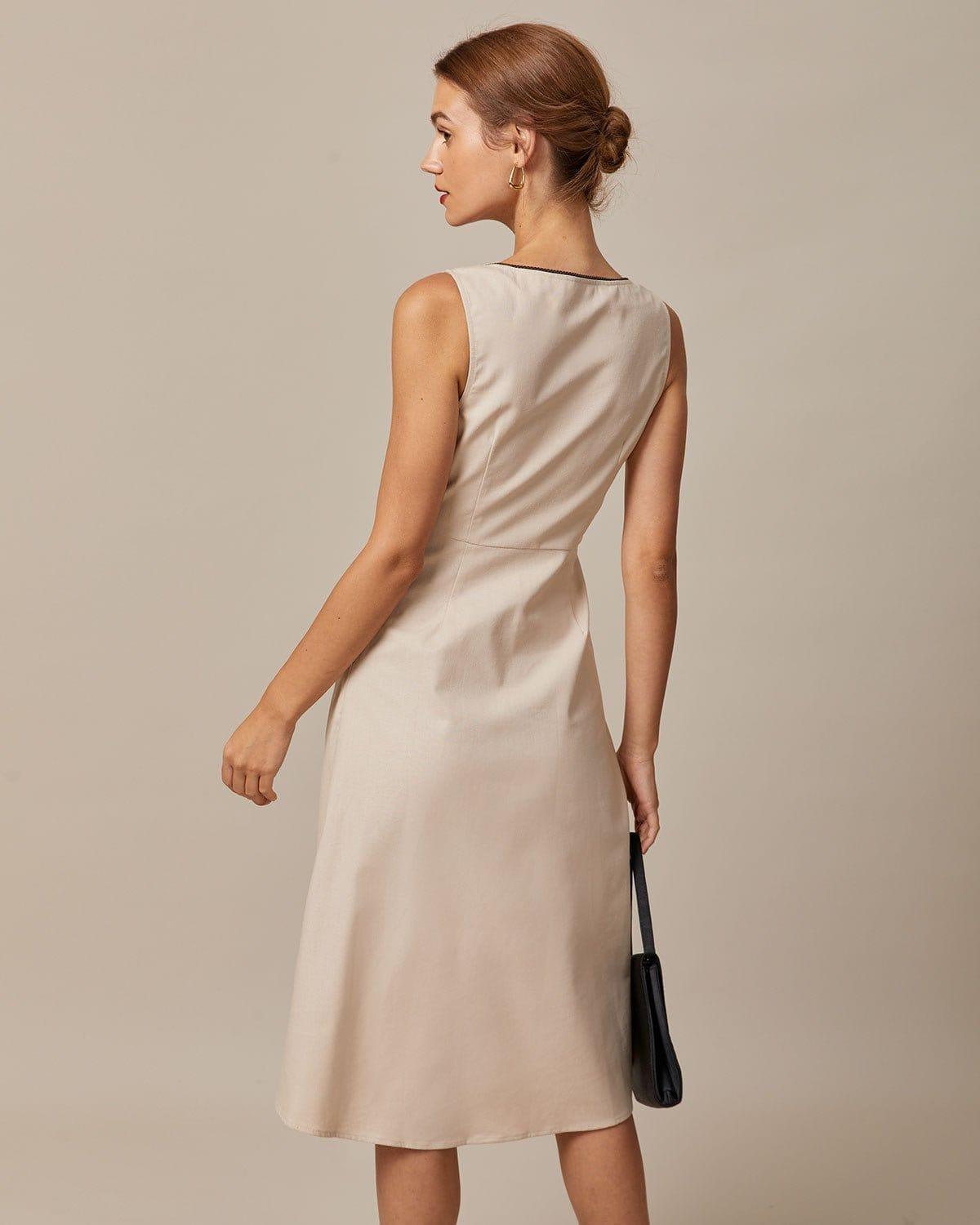 The Khaki Round Neck A-Line Midi Dress Product Image