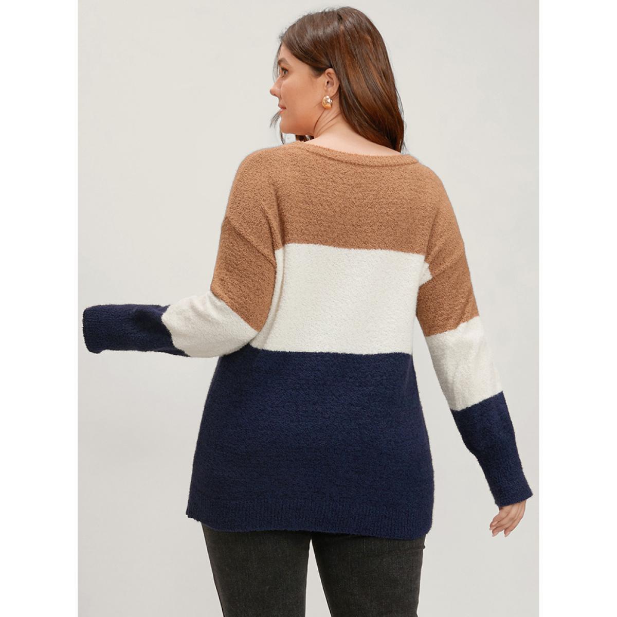Plus Size Colorblock Contrast Super Soft Knit Round Neck Knit Top Multicolor Women Casual Loose Long Sleeve Dailywear Pullovers BloomChic 30/6X Product Image