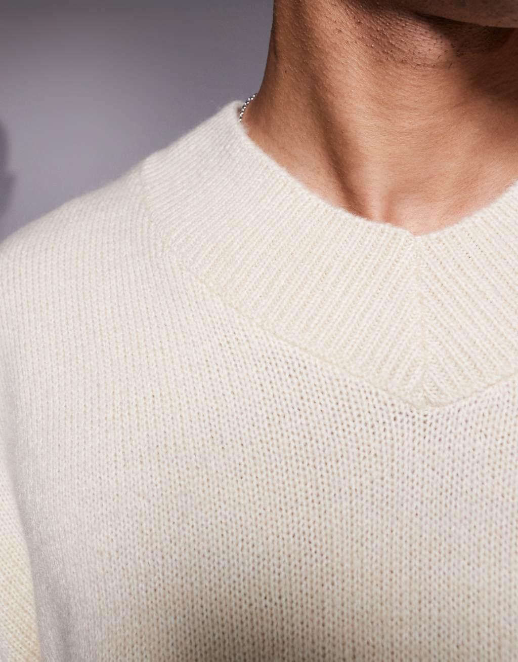 ASOS DESIGN super oversized boxy fit knitted v neck sweater in stone Product Image