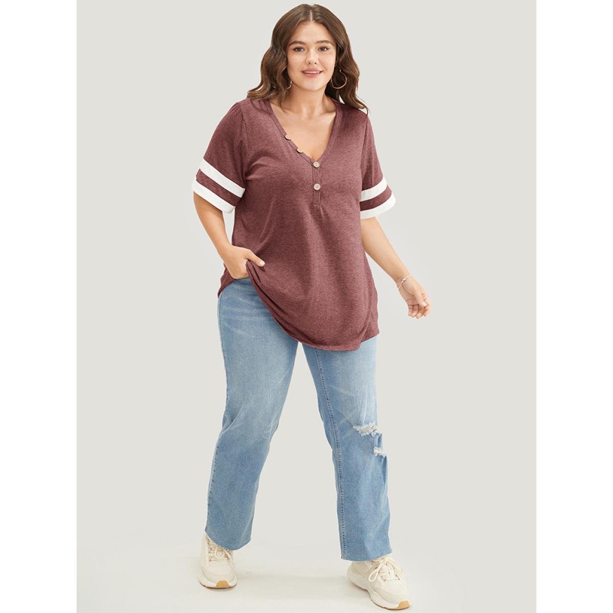 Plus Size Striped Contrast V Neck Button Detail T-shirt Russet Women Casual Contrast Plain V-neck Dailywear T-shirts BloomChic 22-24/3X Product Image