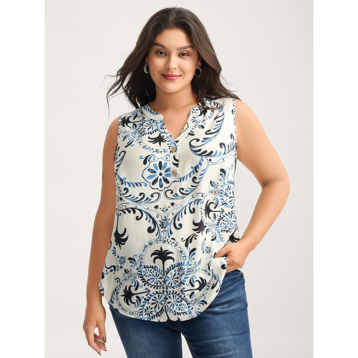 Plus Size Silhouette Floral Print Tank Top Women Mediumblue Contrast Flat collar with V-notch Everyday-Elegant Tank Tops Camis BloomChic 14-16/1X Product Image