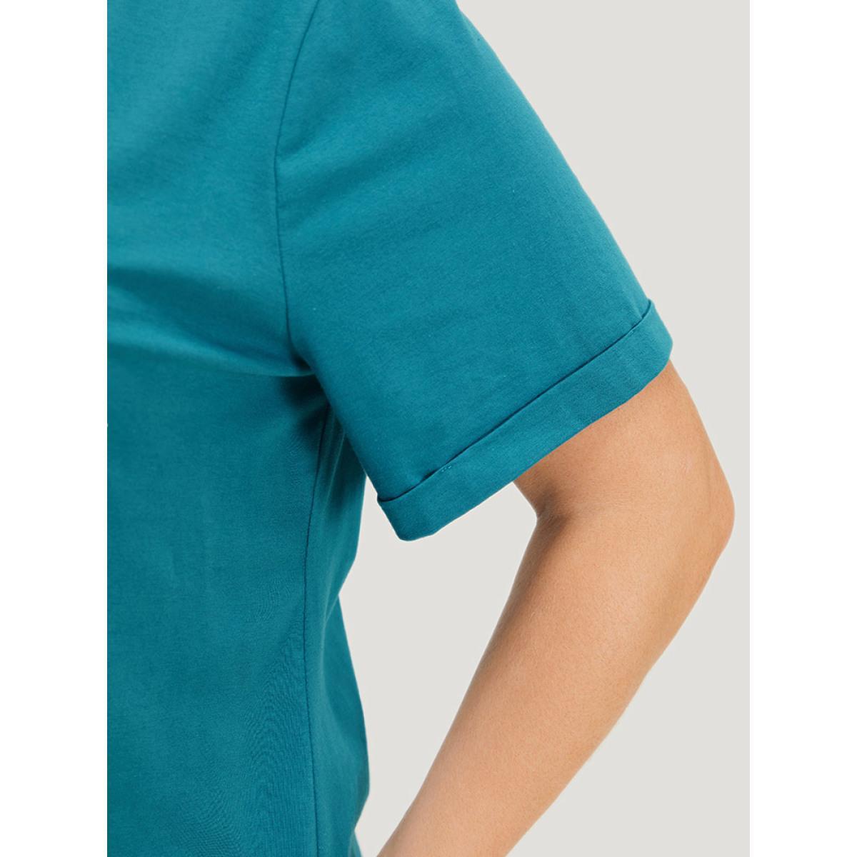 Plus Size Floral & Letter Roll Sleeve T-shirt Cerulean Women Casual Printed Natural Flowers Dailywear T-shirts BloomChic 10/M Product Image