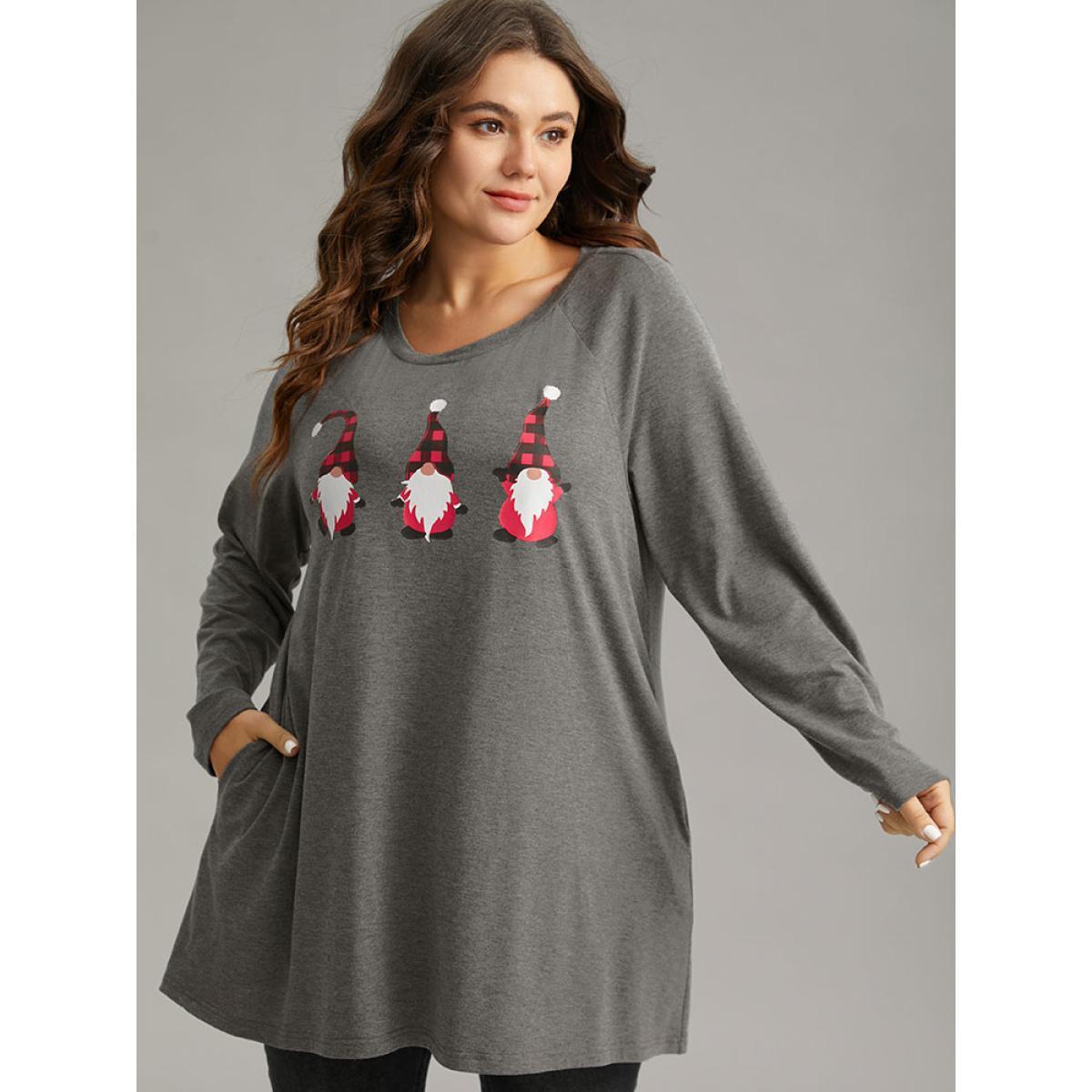 Plus Size Santa Claus Print Long Sleeve T-shirt Gray Women Casual Printed Christmas Dailywear T-shirts BloomChic 22-24/3X Product Image