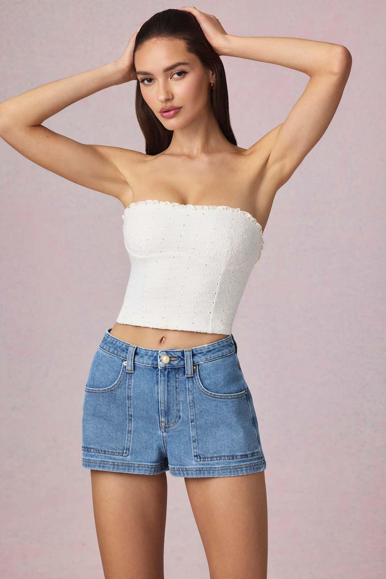 High-Waist A-Line Shorts in Mid-Blue Wash Product Image