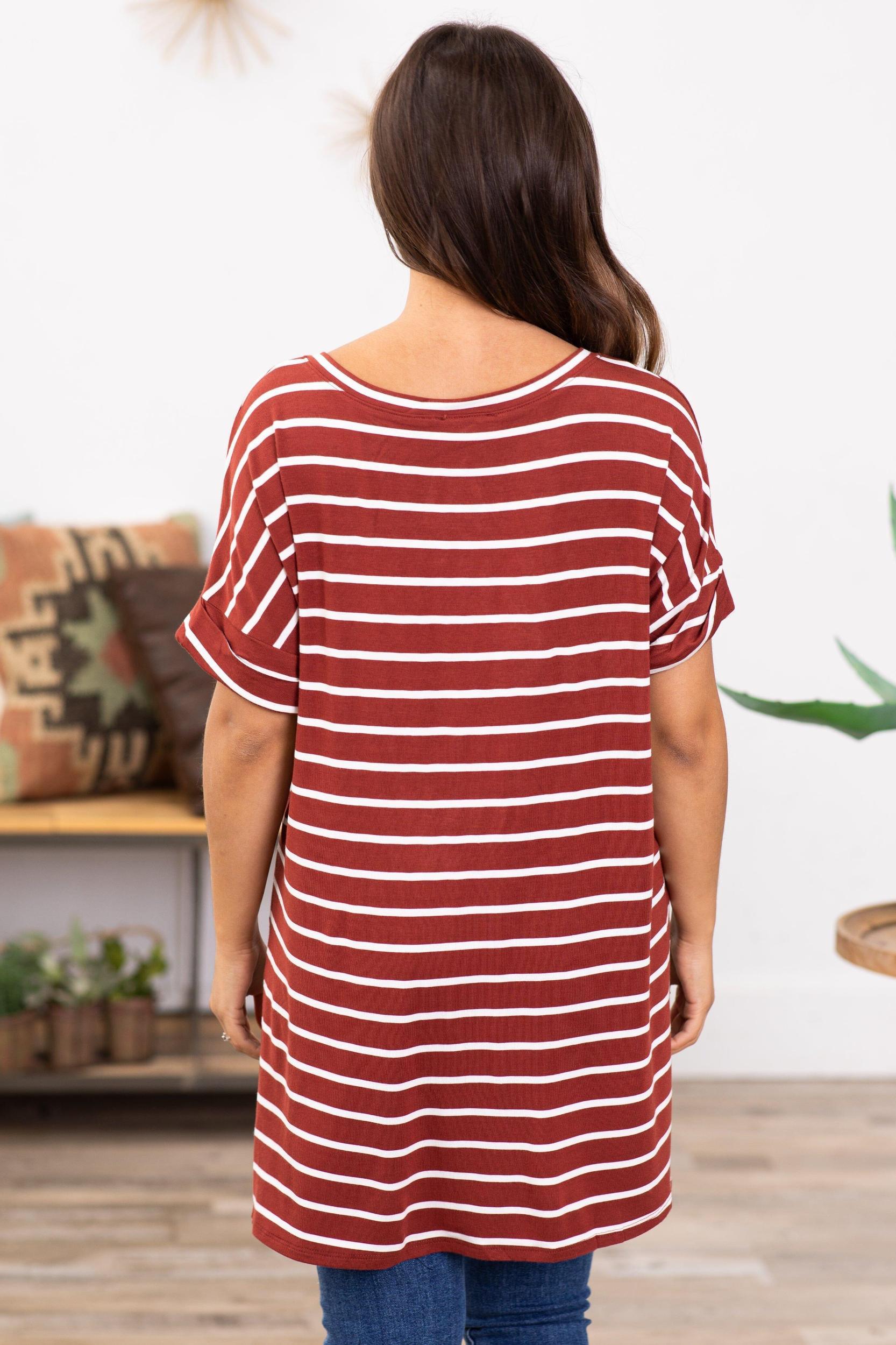 Rust and Off White Stripe V-Neck Top Product Image