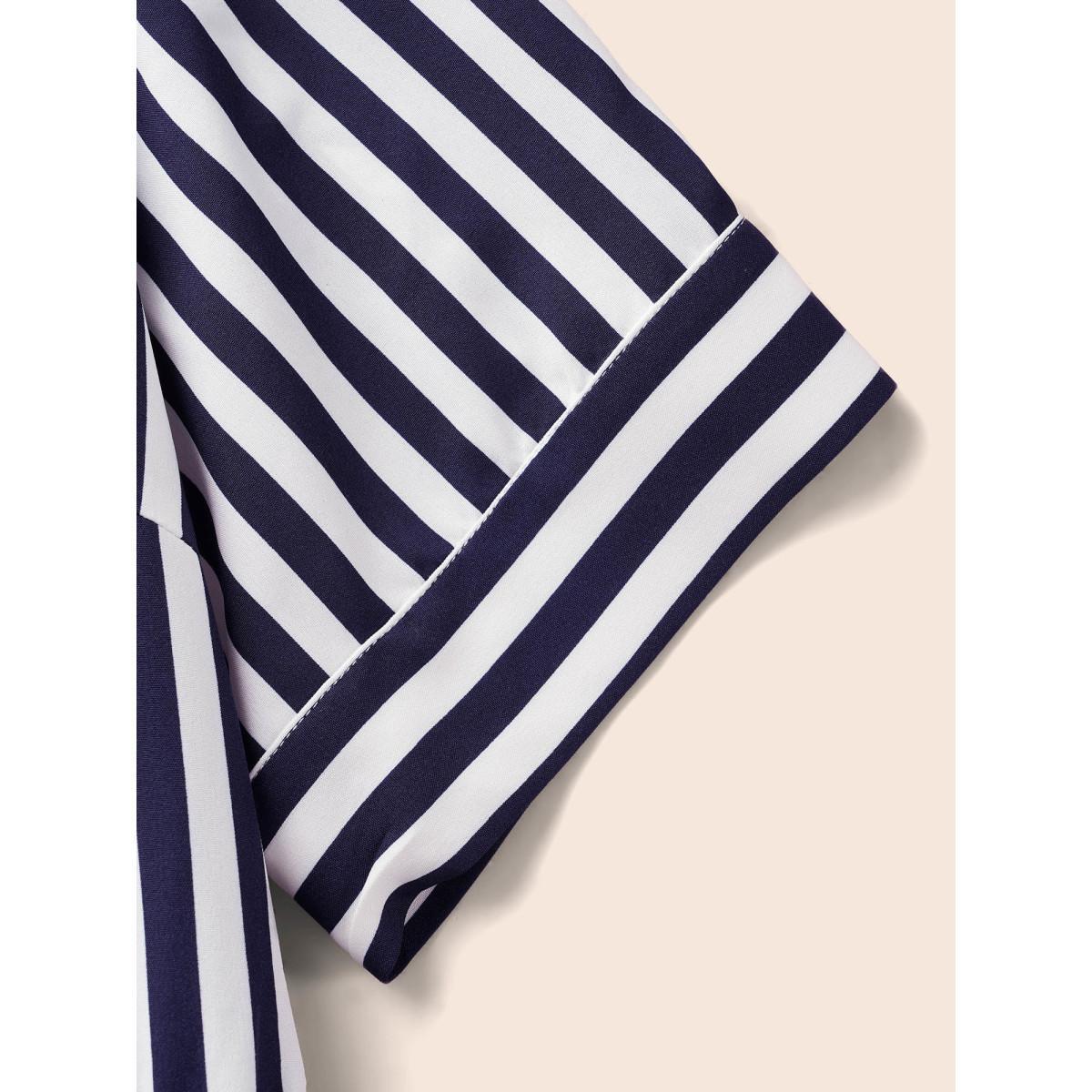 Plus Size Striped Notched Button Detail Midi Dress Navy Women At the Office Button Flat collar with V-notch Half Sleeve Curvy BloomChic 10/M Product Image